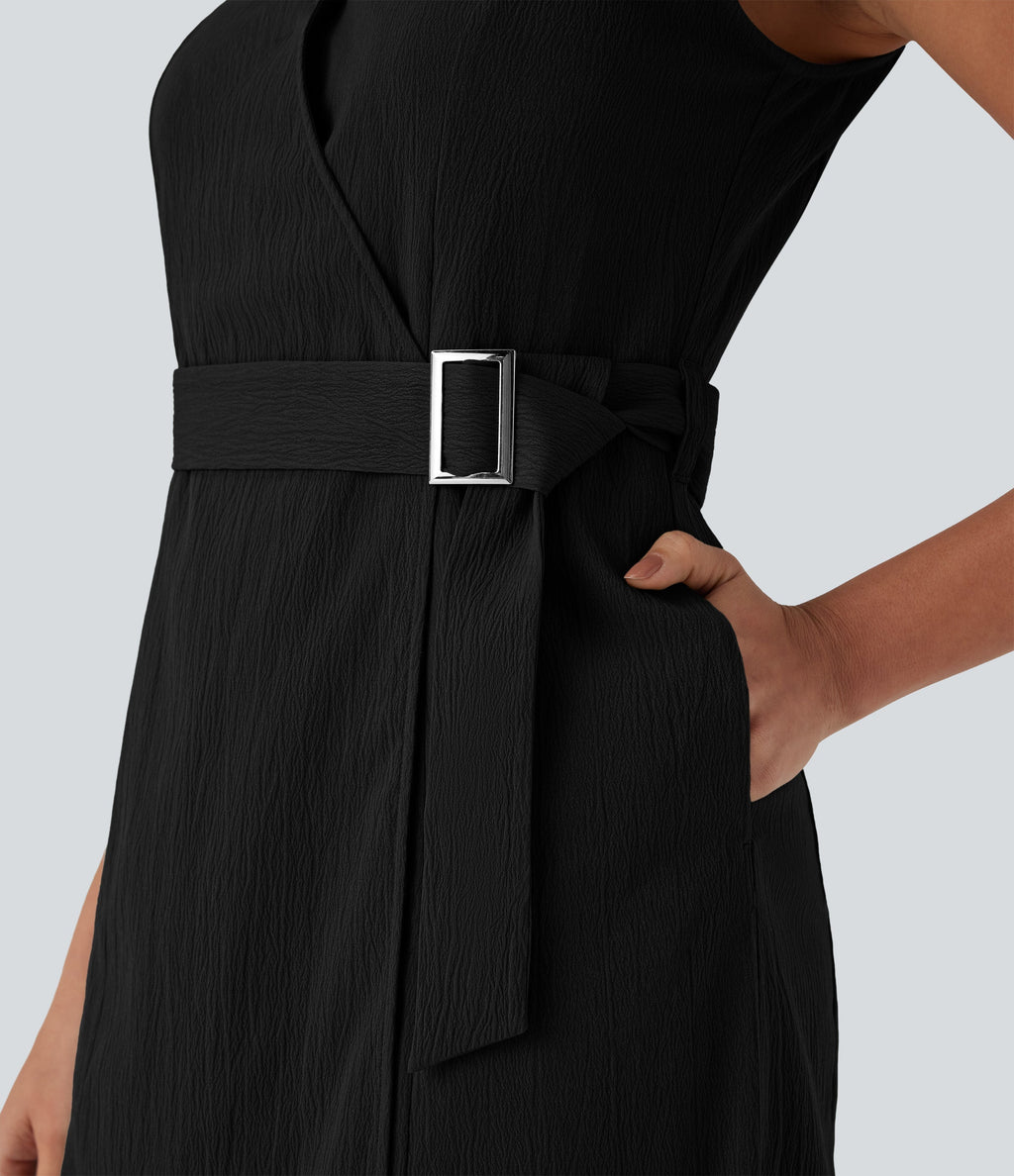 Anti-wrinkle V Neck Sleeveless Wrapped Belted Midi Travel Dress with Pockets