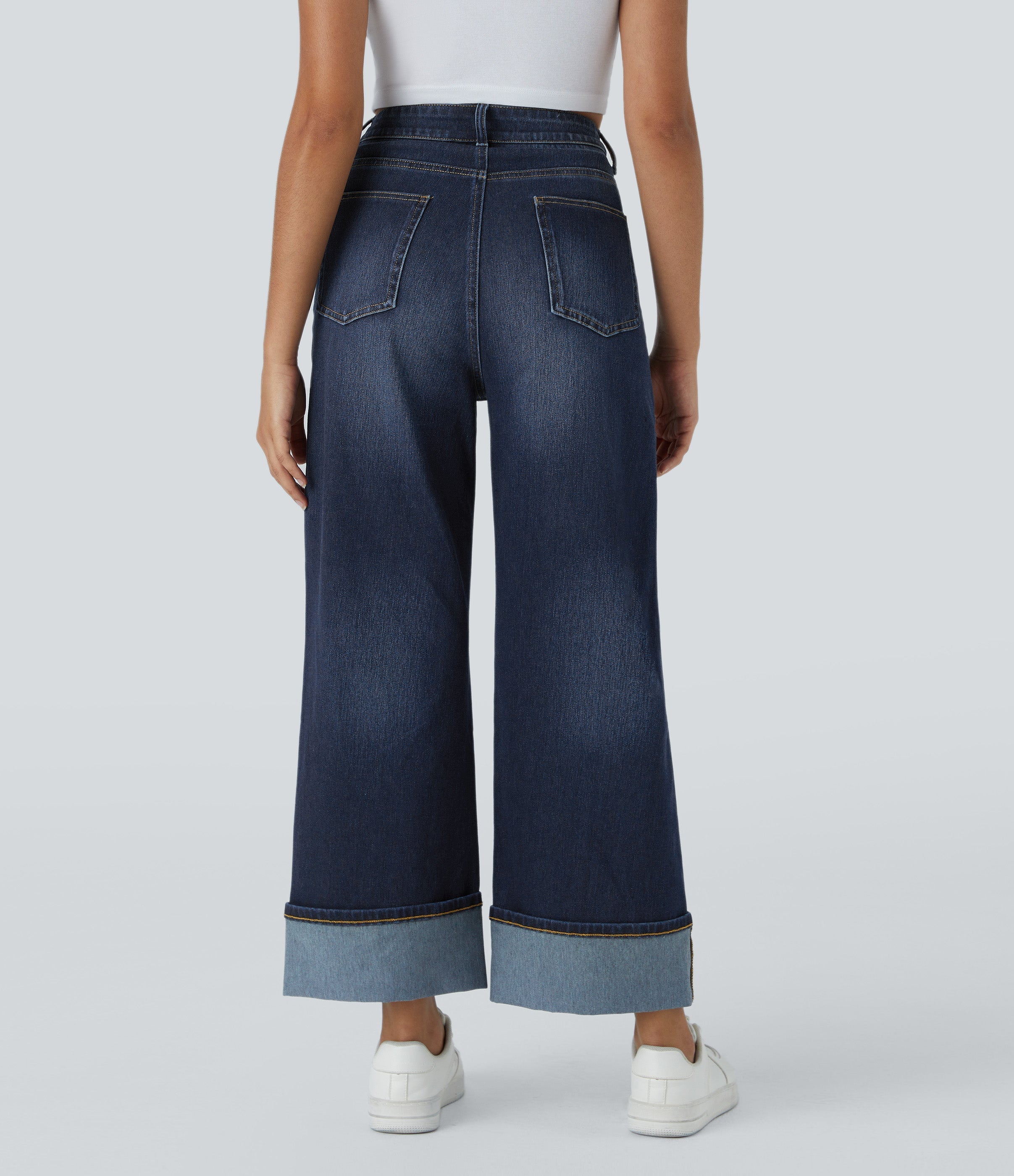 FlexTM High Waisted Multiple Pockets Rolled Hem Wide Leg Washed Stretchy Knit Casual Jeans