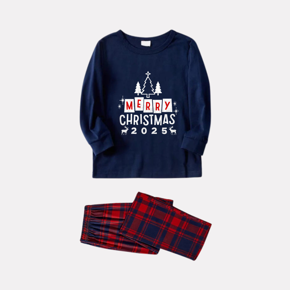 Christmas Family Matching Pajamas-Navy & Red Plaid Pjs Set with "Merry Christmas" Print