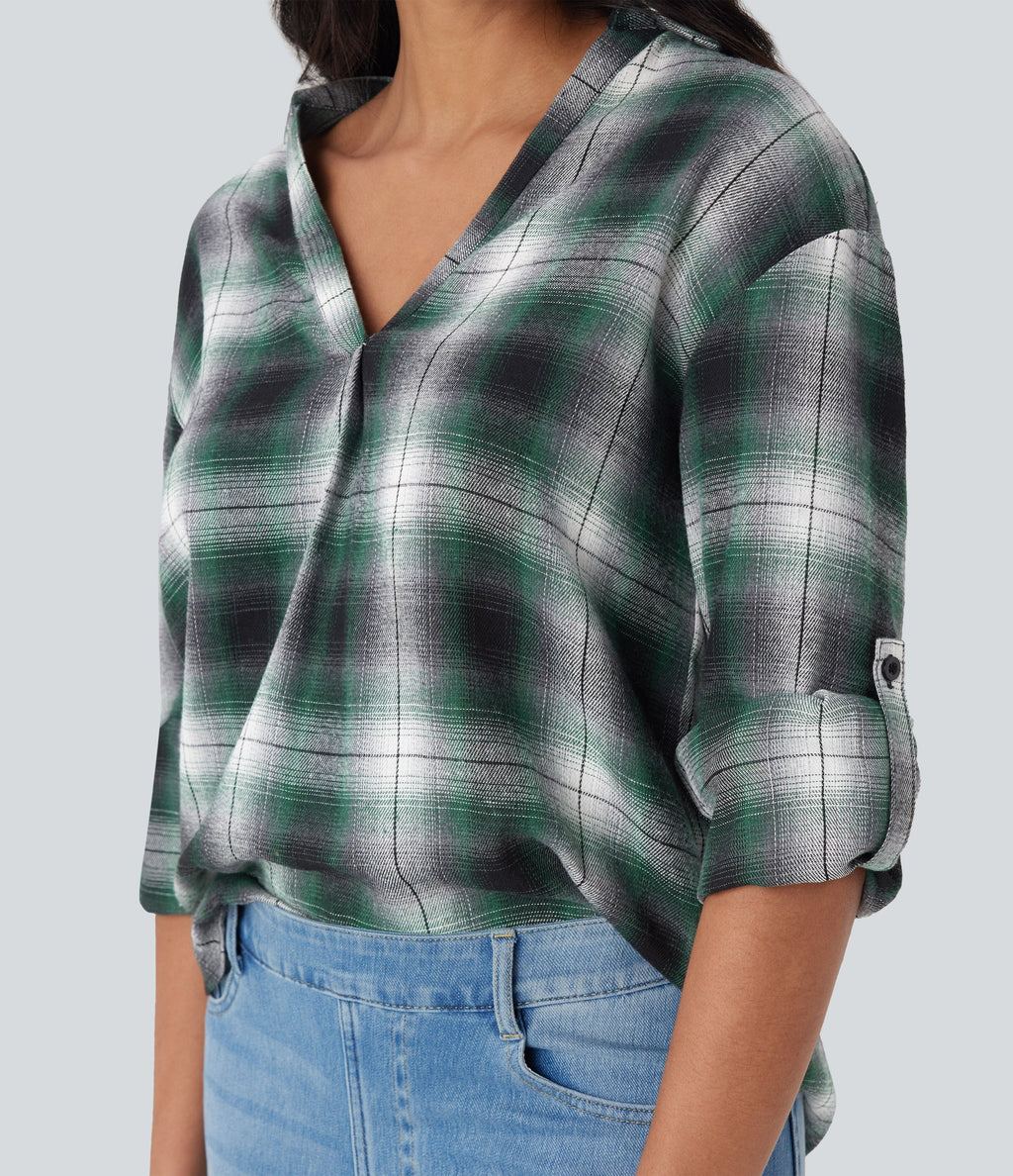 V Neck Curved Hem Plaid Casual Blouse