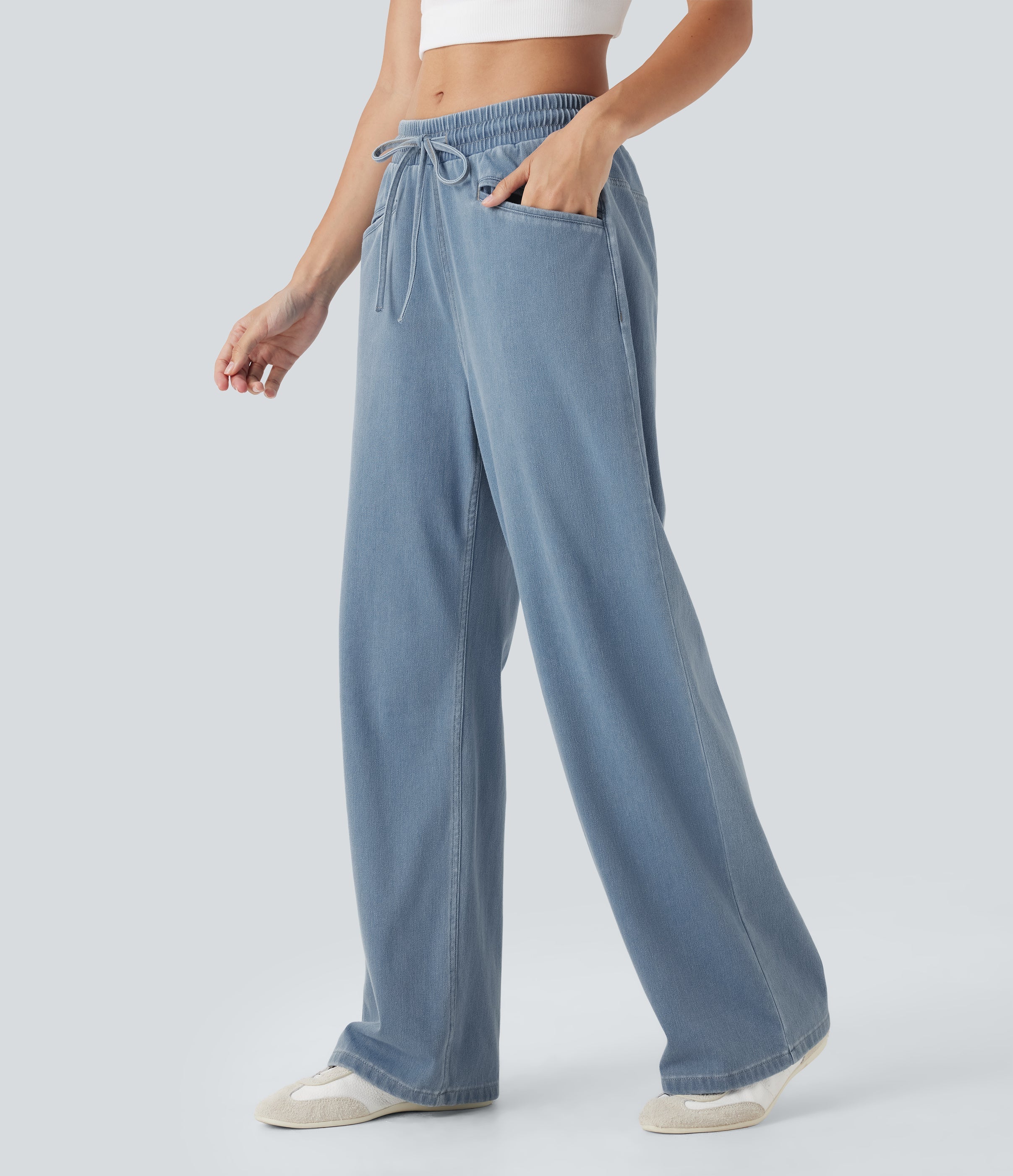 FlexTM High Waisted Drawstring Wide Leg Cool Touch Casual Jeans with Pockets