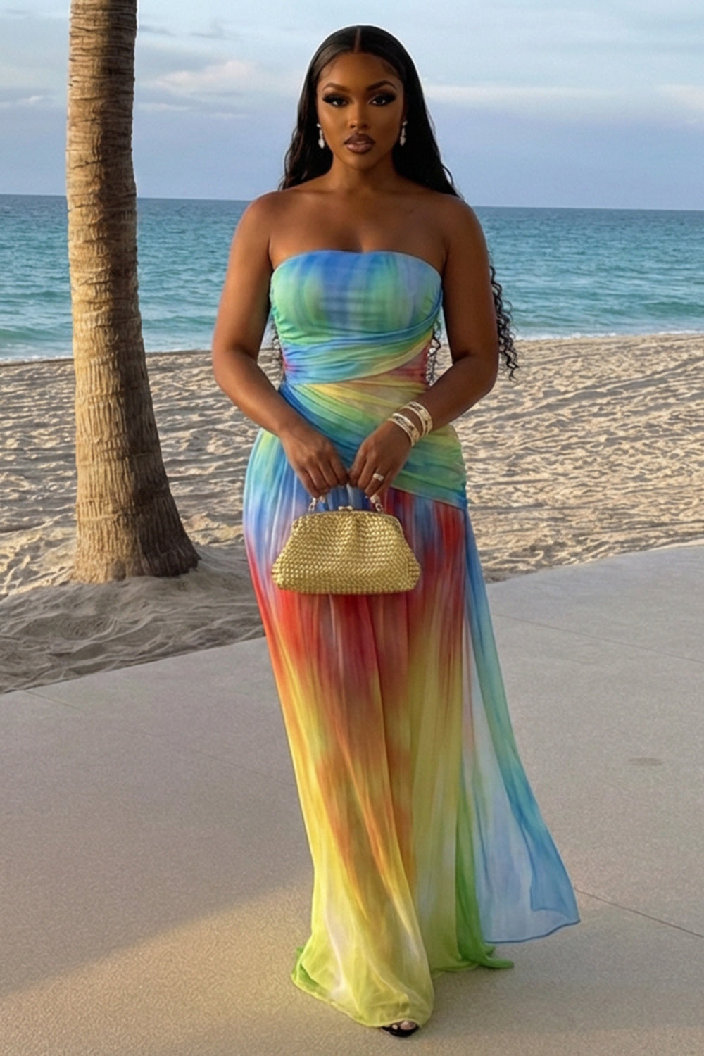 Strapless Ruched Slim Fit Mesh Vacation Maxi Dresses-Multicolor