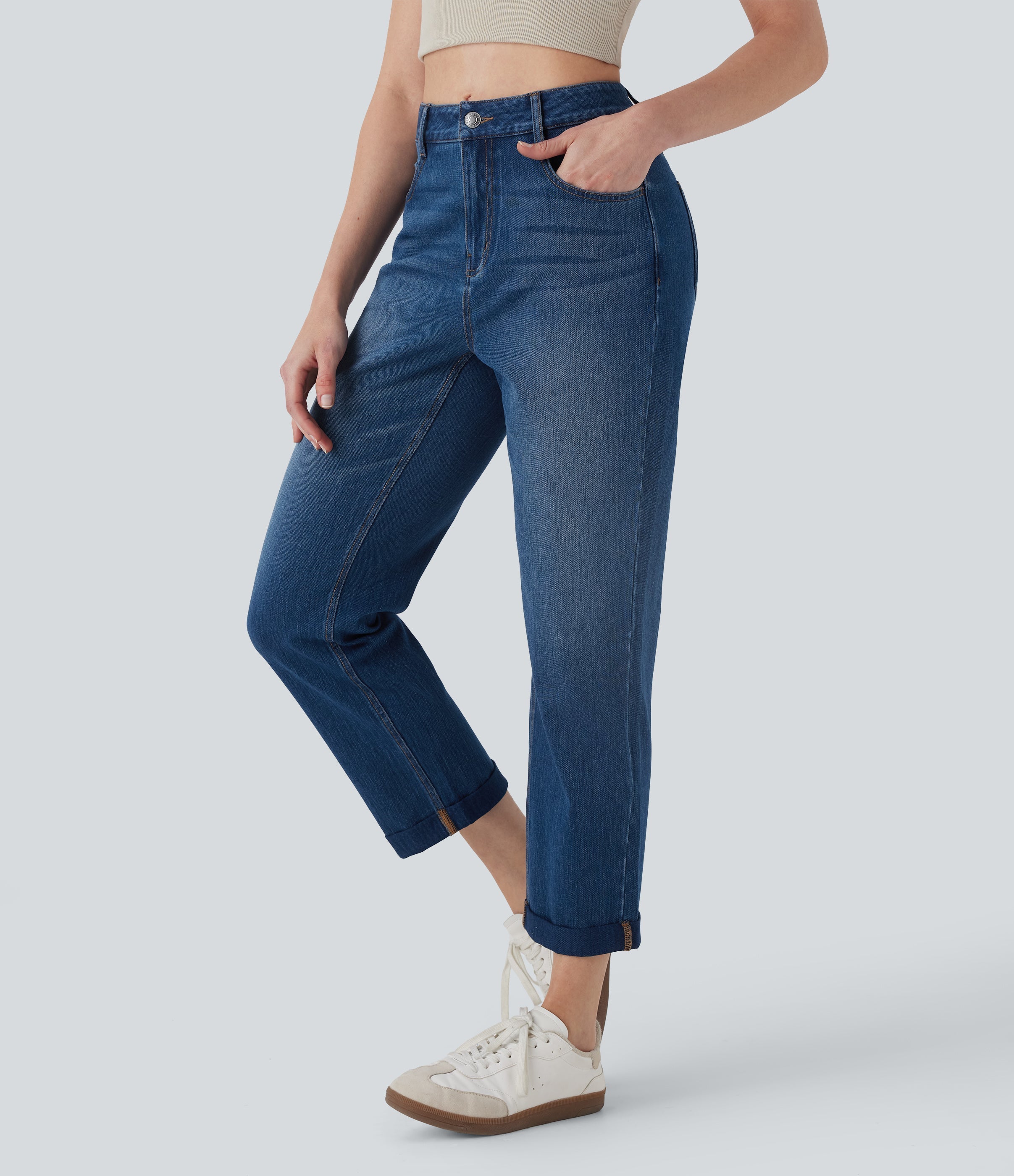 FlexTM Mid Rise Straight Leg Washed Casual Jeans with Pockets