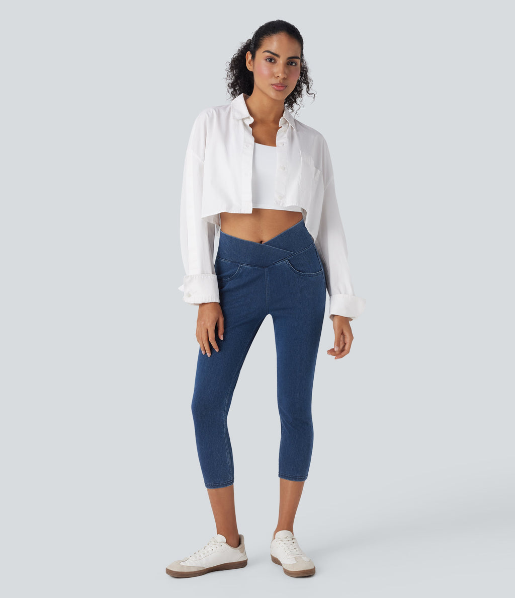 FlexTM Crossover High Waisted Denim Casual Capri Leggings with Pockets