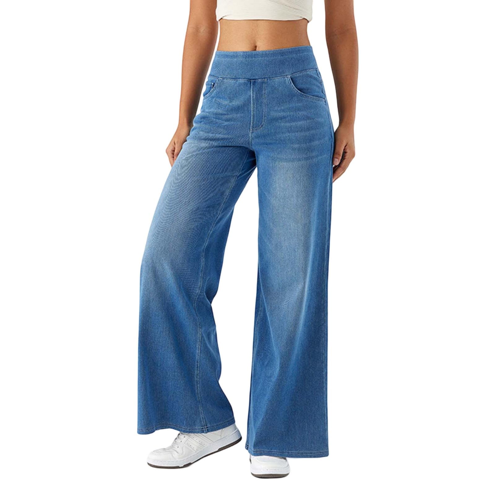 2026🔥 FlexTM High Waisted Multiple Pockets Baggy Wide Leg Washed Stretchy Knit Casual Jeans