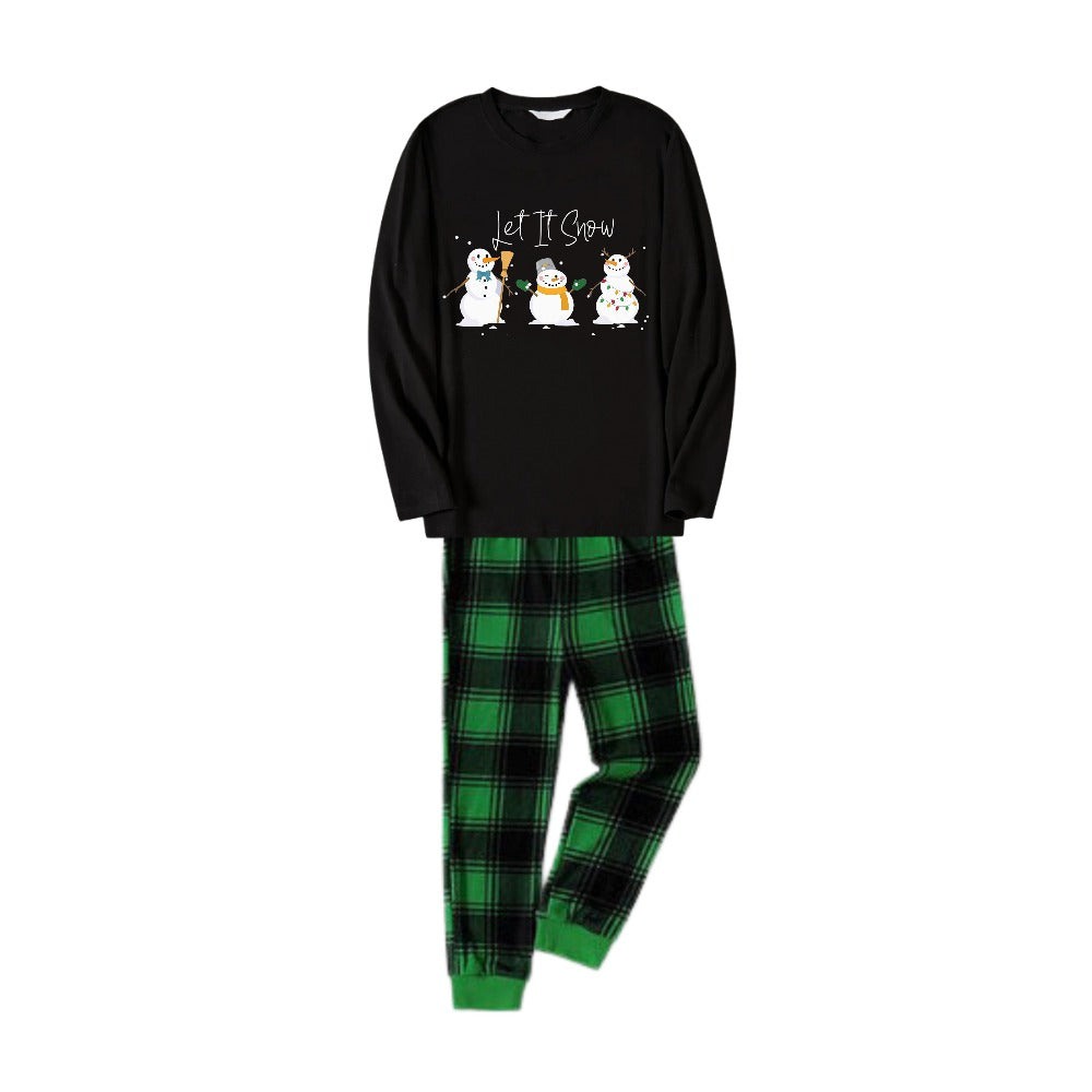 Christmas Family Matching Pajamas-Black Top and Green Plaid Pants Pjs Set with Snowman and "Let It Snow" Print