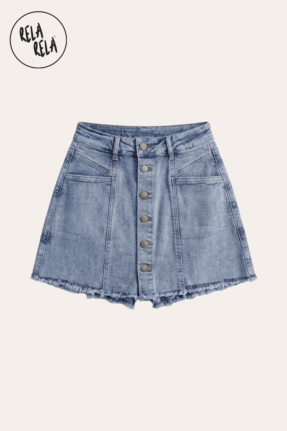 Multi-Button Stretchy Mid Rise Denim Skorts in Blue