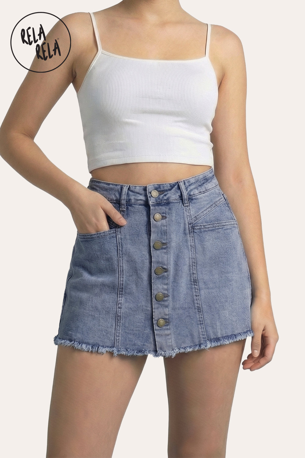 Multi-Button Stretchy Mid Rise Denim Skorts in Blue