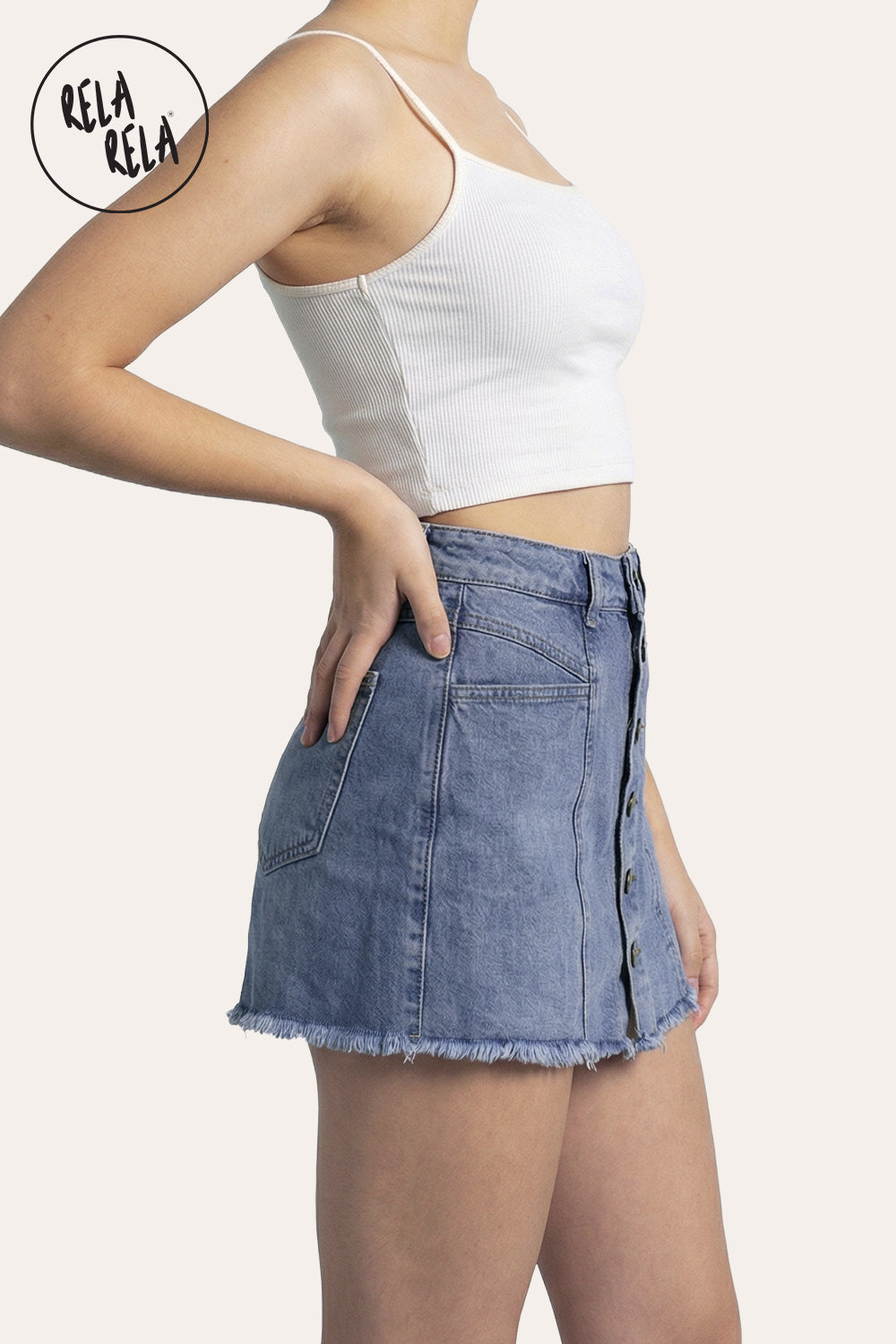 Multi-Button Stretchy Mid Rise Denim Skorts in Blue
