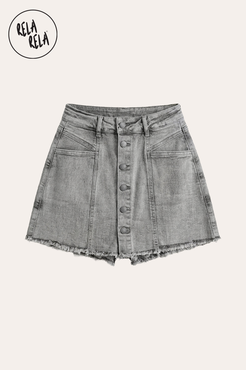 Multi-Button Stretchy Mid Rise Denim Skorts in Grey