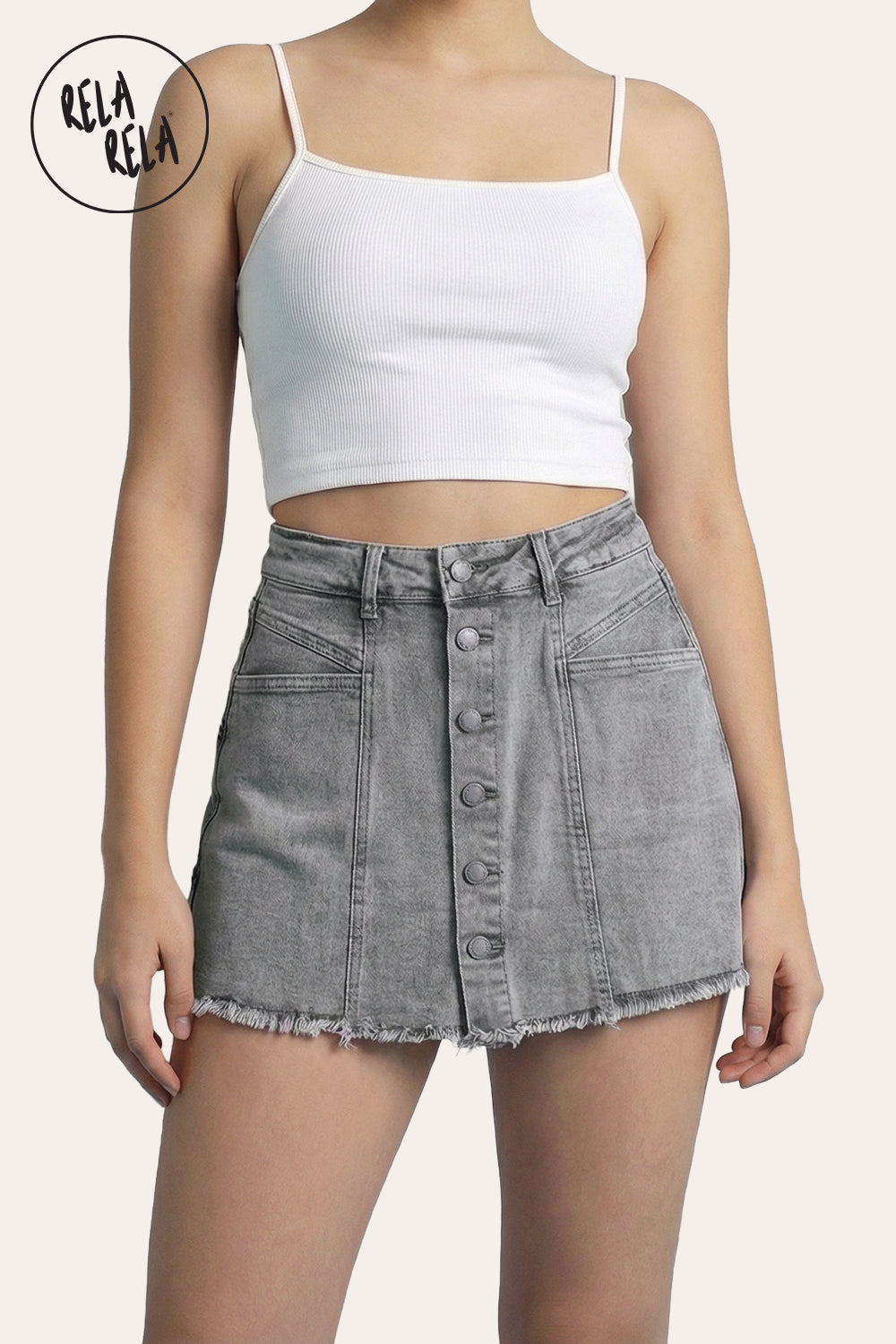 Multi-Button Stretchy Mid Rise Denim Skorts in Grey