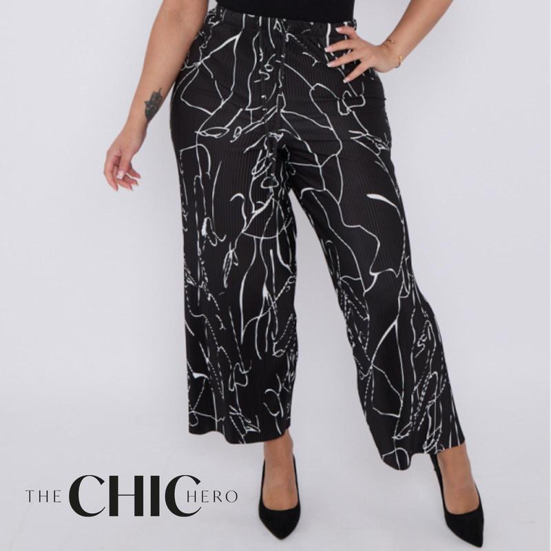 Black Line Art Abstract Print Wide-Leg Drawstring Palazzo Pleated Pants PLUS