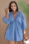 Denim Deep V Neck Balloon Sleeve High Waist Mini Dresses-Blue