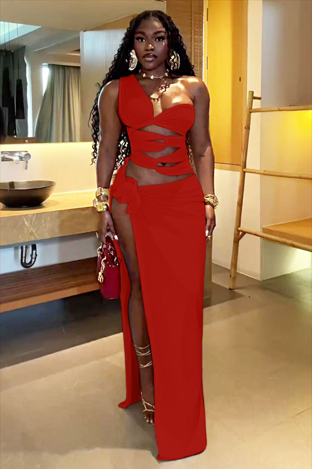 One Shoulder Asymmetric Cutout High Slit Party Maxi Dresses-White
