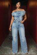 Off Shoulder Back Zipper Top Ripped Raw Edge Jumsuits-Blue