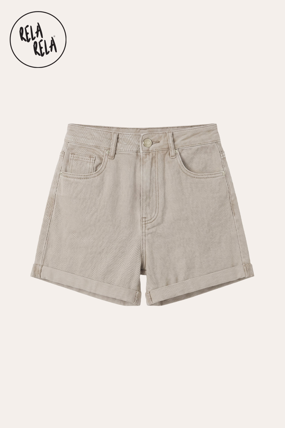 Stretch High Waisted Turn Up Denim Shorts in Beige