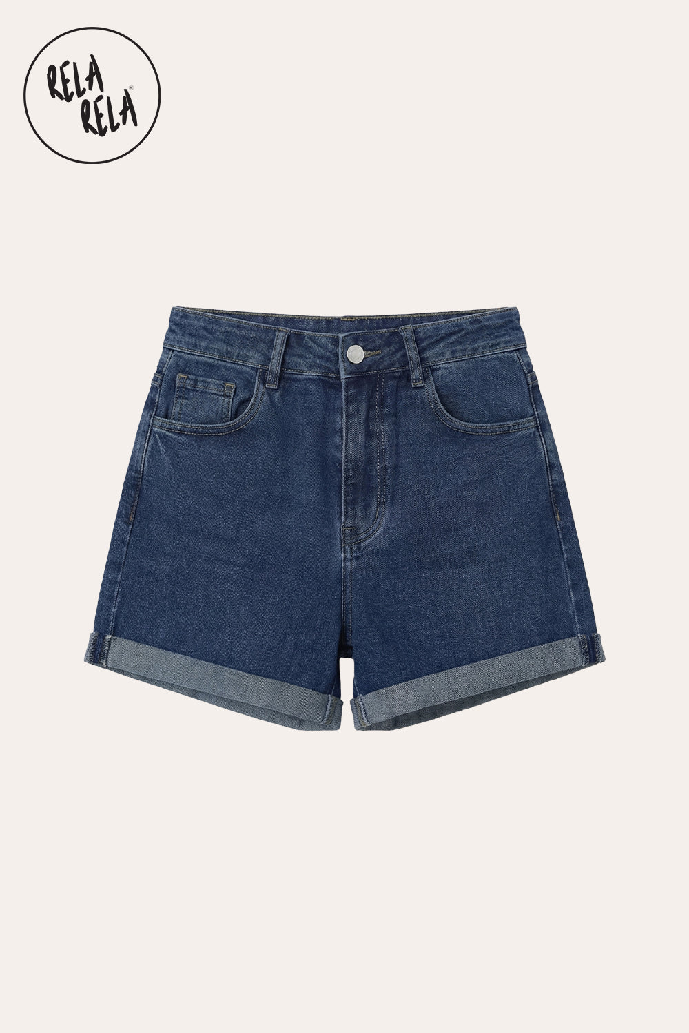 Stretch High Waisted Turn Up Denim Shorts in Dark Denim