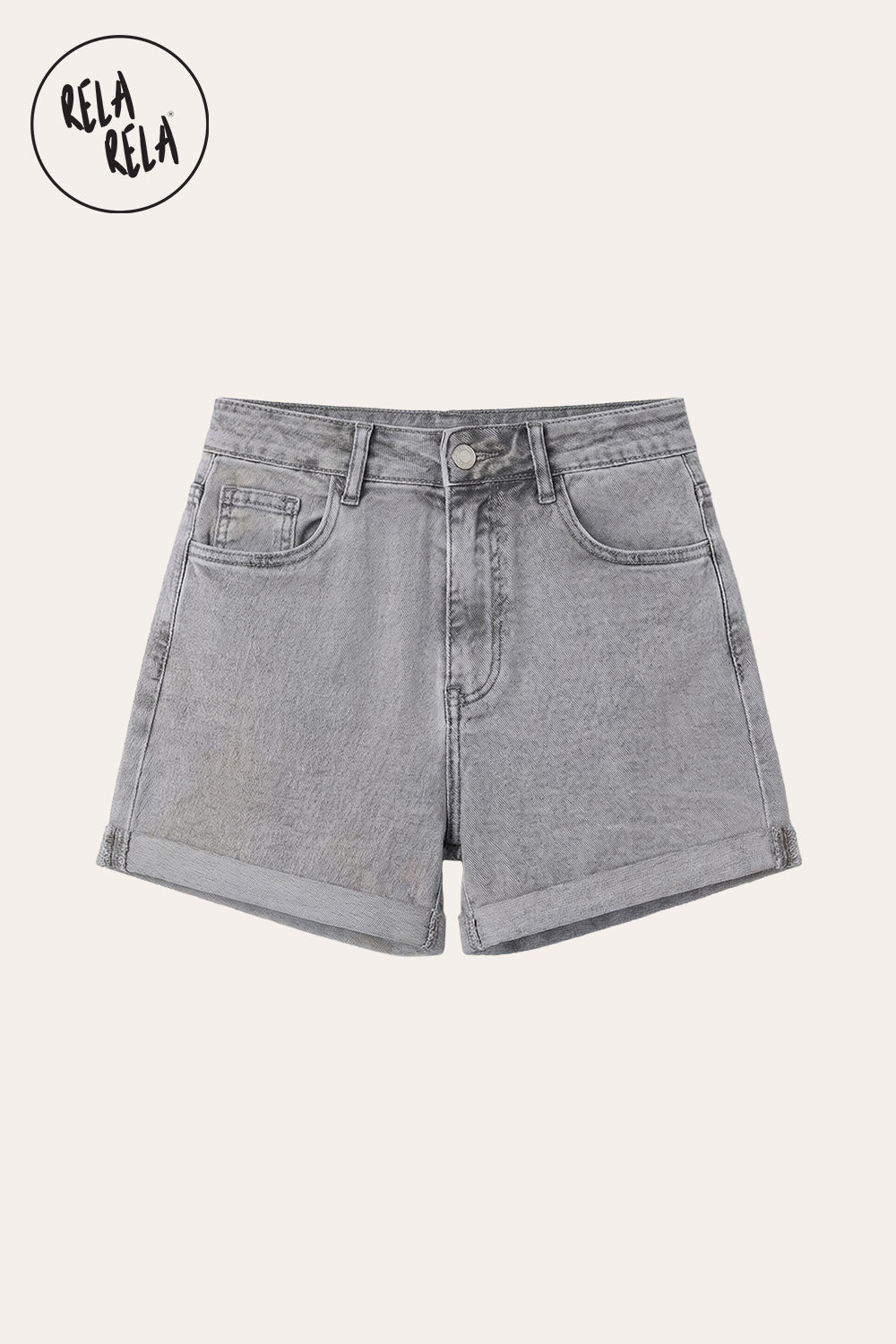 Stretch High Waisted Turn Up Denim Shorts in Grey
