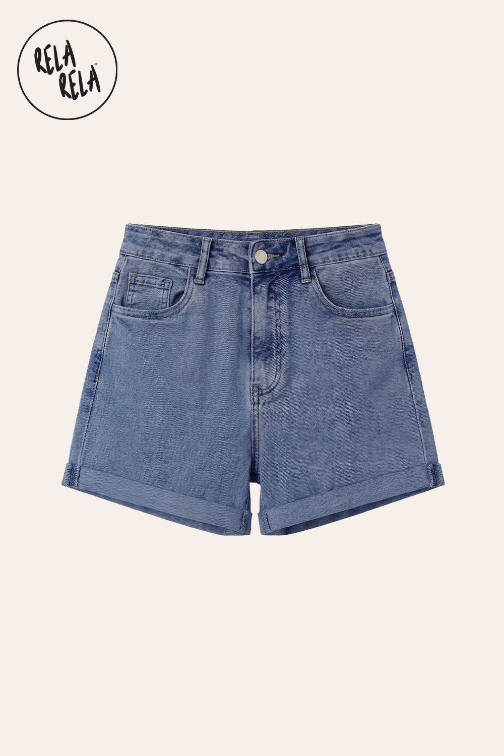 Stretch High Waisted Turn Up Denim Shorts in Mid Blue
