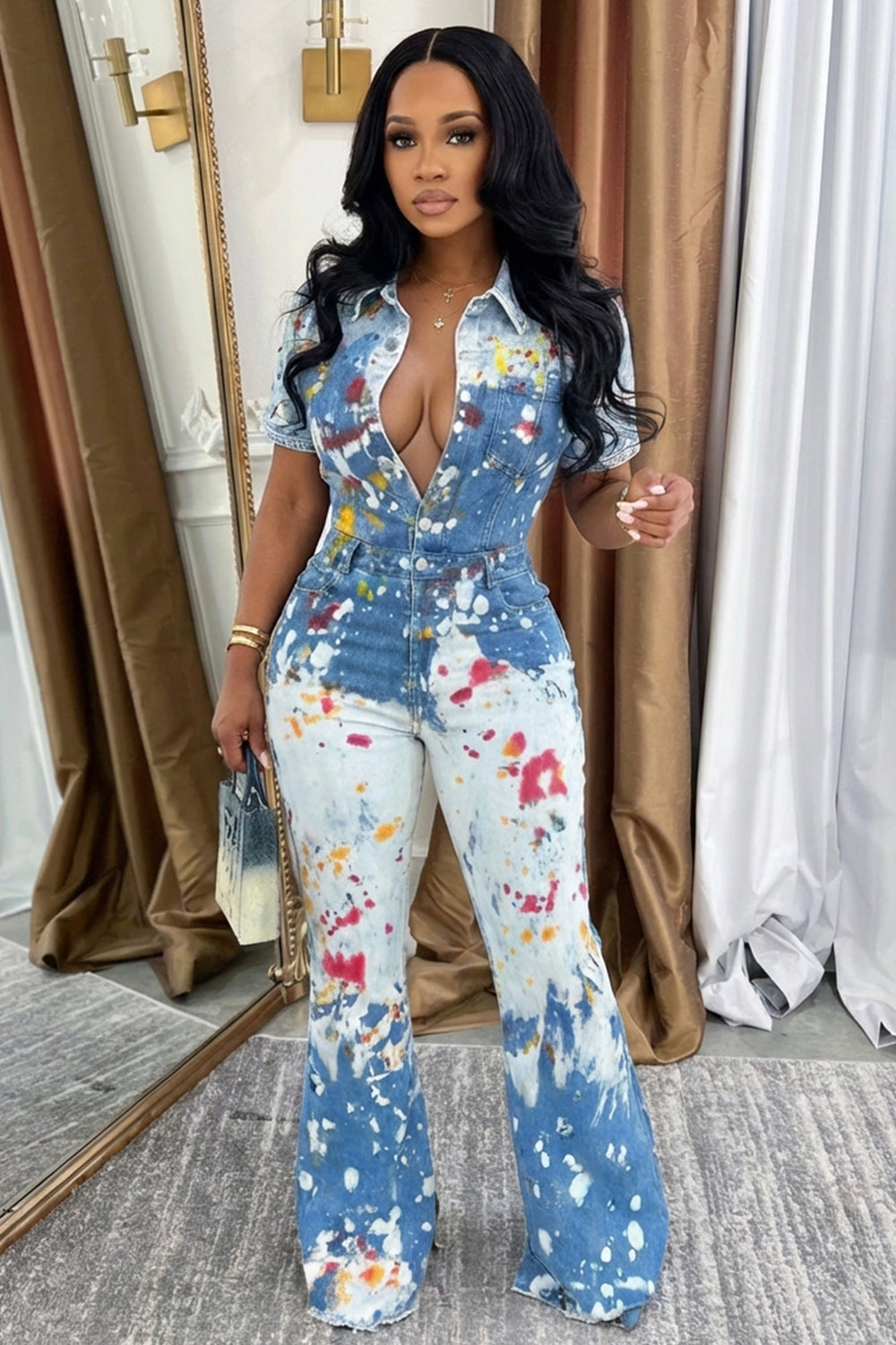 Splash Ink Print Denim Short Sleeve Bootcut Casual Jumpsuit-Blue