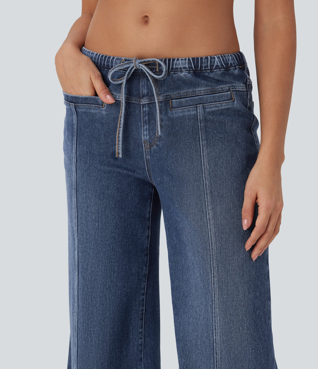 FlexTM Low Rise Drawstring Washed Casual Baggy Jeans with Pockets
