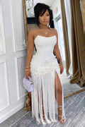 Strapless 3D Flower Fringe Patchwork Gowns Maxi Dresses-White