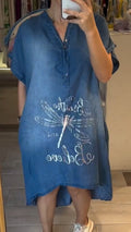 Women's V-neck Half-open Collar Button Denim Casual Dress