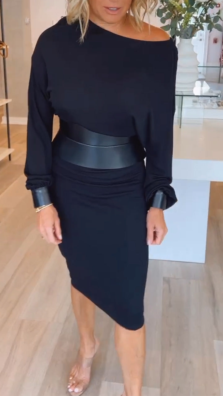 Womens Round Neck Solid Color Dress Waist Cover (Free belt included)