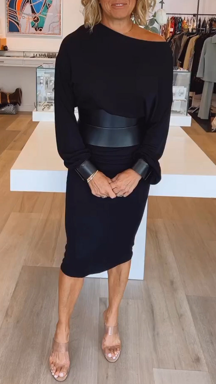 Womens Round Neck Solid Color Dress Waist Cover (Free belt included)