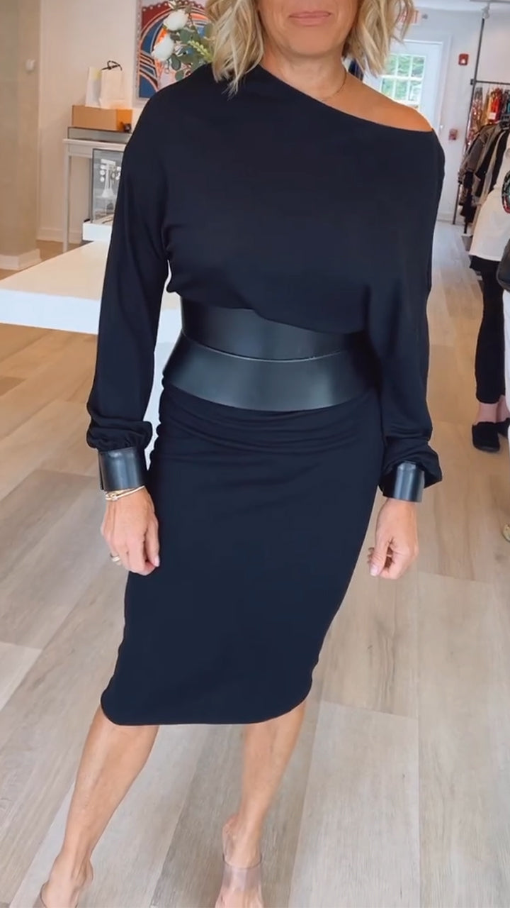 Womens Round Neck Solid Color Dress Waist Cover (Free belt included)