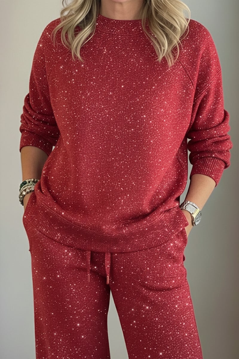 Women Round Neck Hot Diamond Flash Solid Color Casual Suit