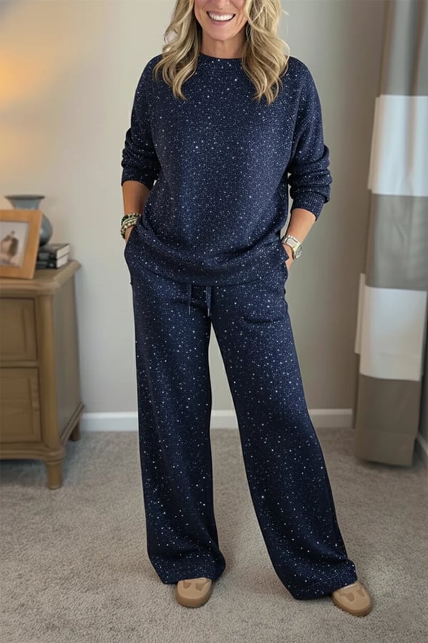 Women Round Neck Hot Diamond Flash Solid Color Casual Suit