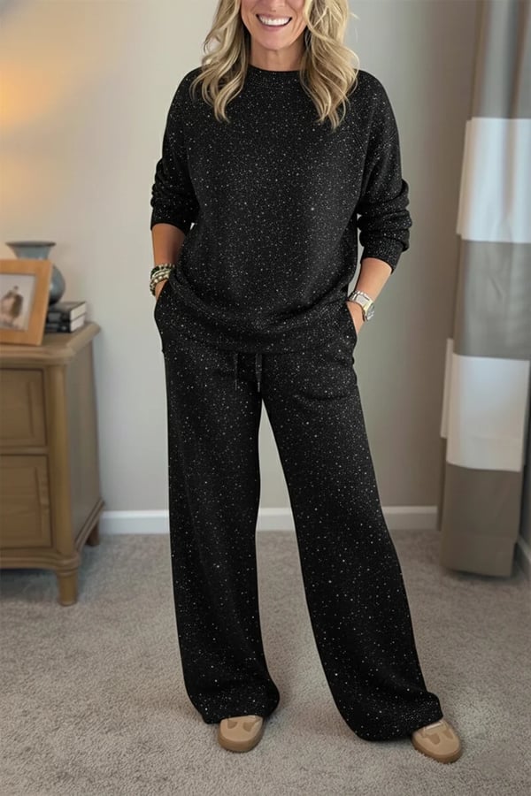 Women Round Neck Hot Diamond Flash Solid Color Casual Suit