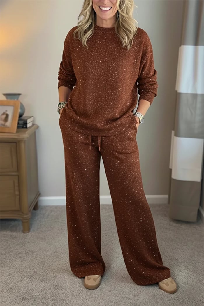 Women Round Neck Hot Diamond Flash Solid Color Casual Suit