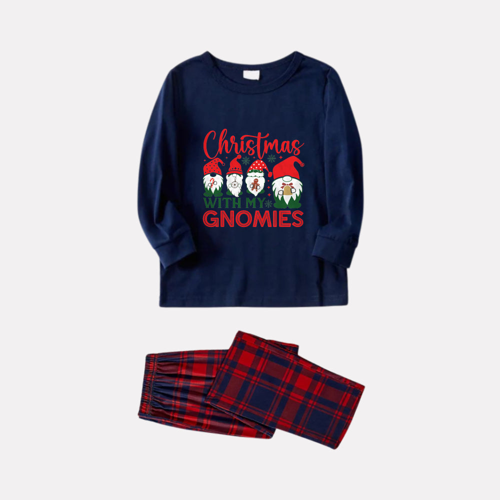 Christmas Family Matching Pajamas-Navy & Red Plaid Pjs Set with "Christmas With My Gnomies" Print