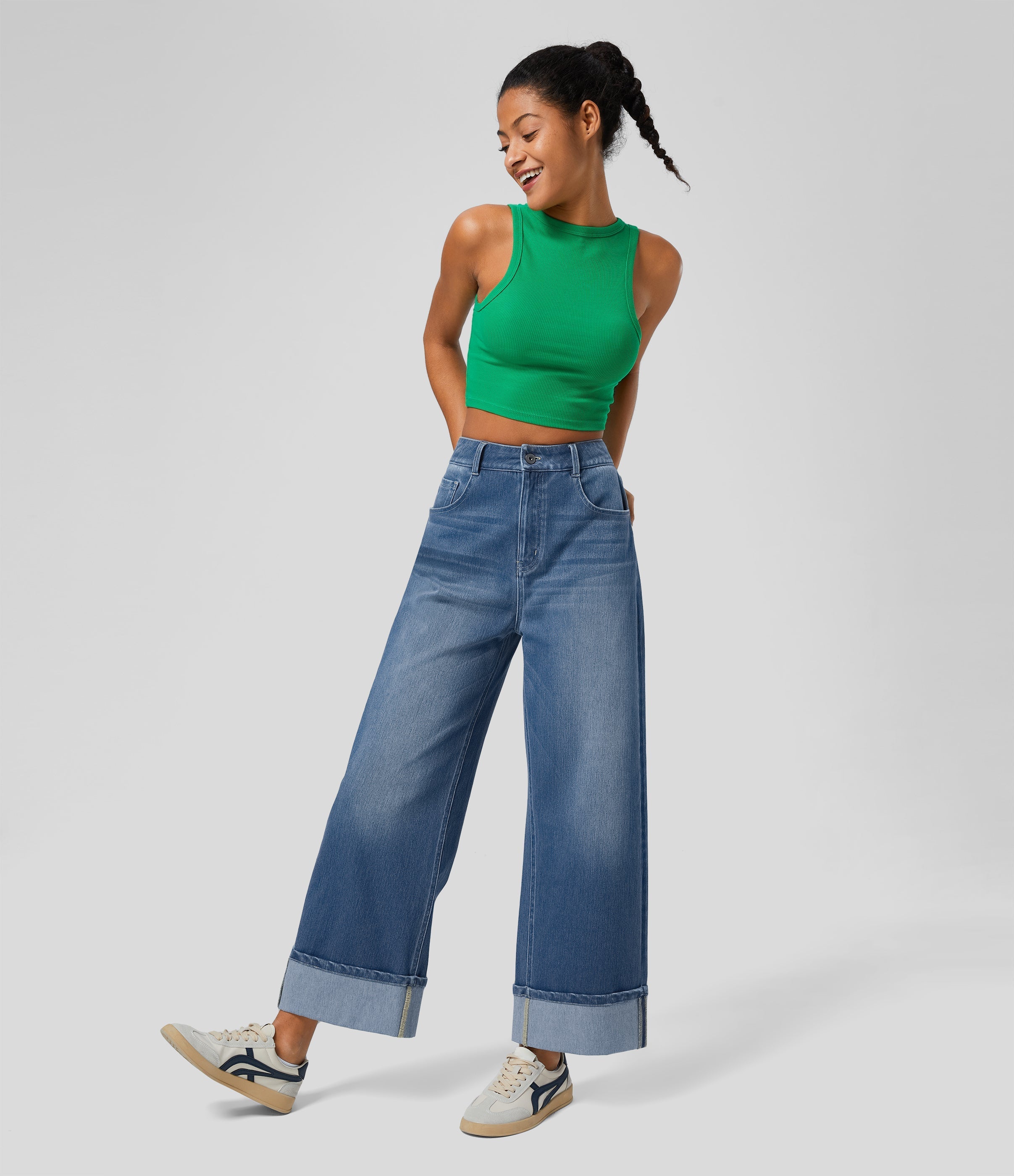 FlexTM High Waisted Multiple Pockets Rolled Hem Wide Leg Washed Stretchy Knit Casual Jeans