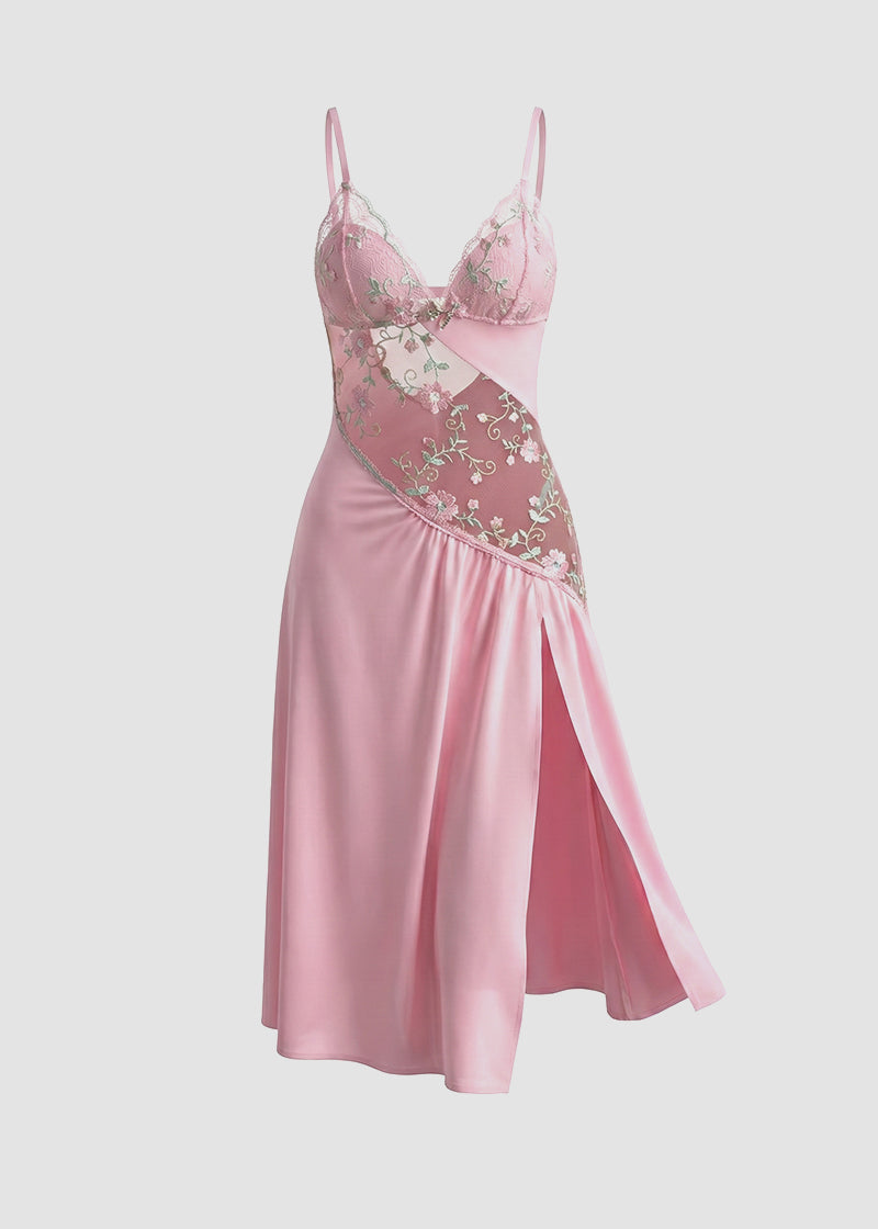 Sexy Sheer Mesh Nightgown – Floral Embroidery Babydoll