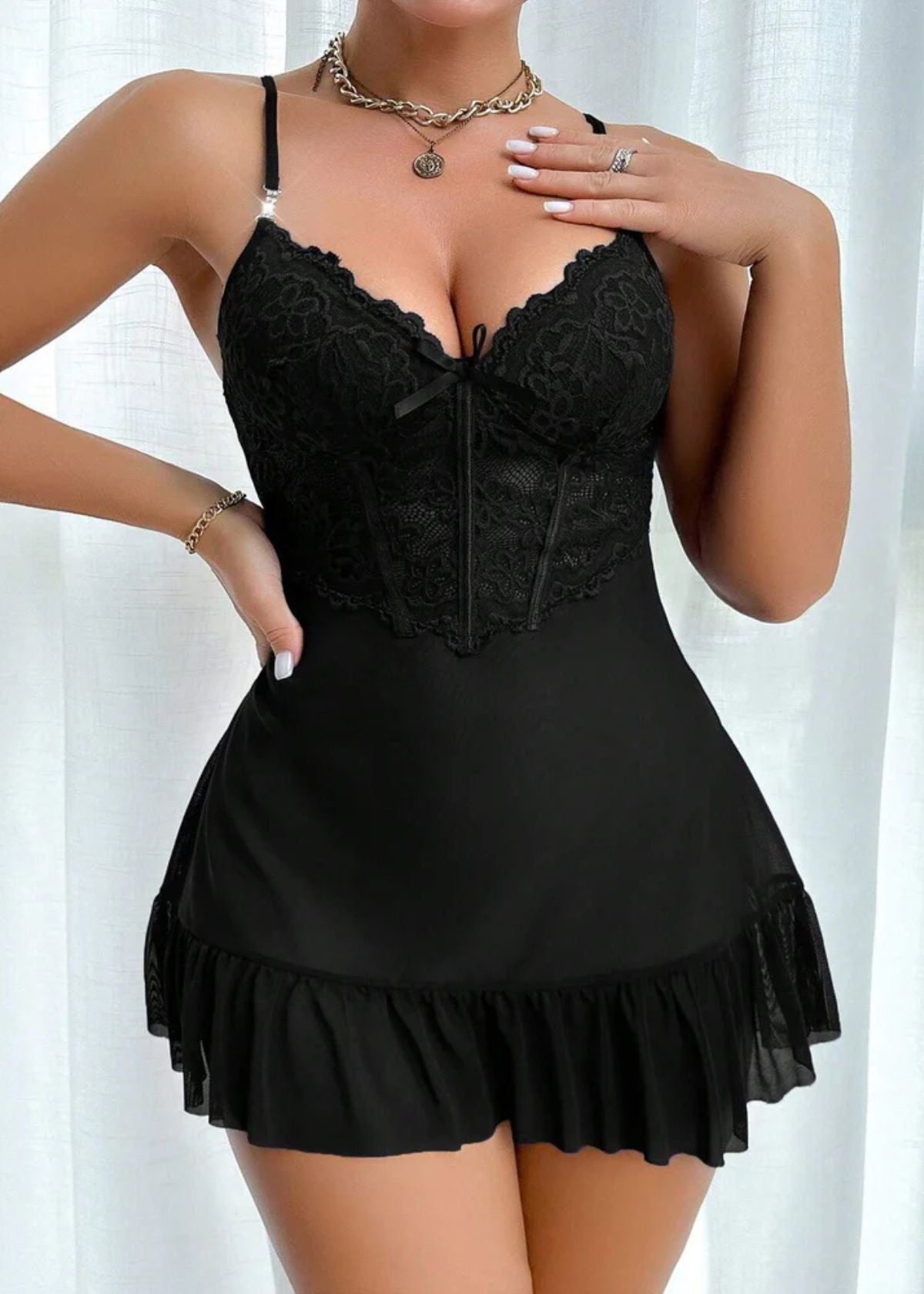 Lace Cami Nightgown & Floral Lace Trim Wide Sleeve Sheer Robe