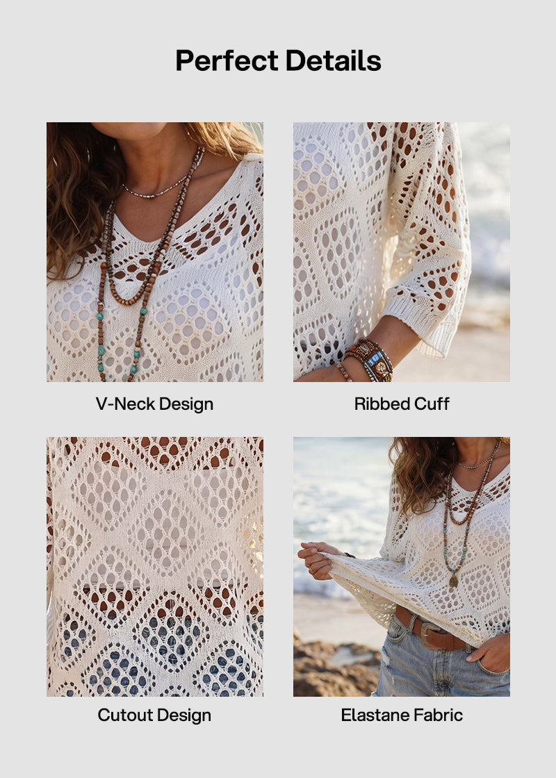 Casual Knit Hollow-Out 3/4 Batwing Sleeve Lightweight Summer Sweater