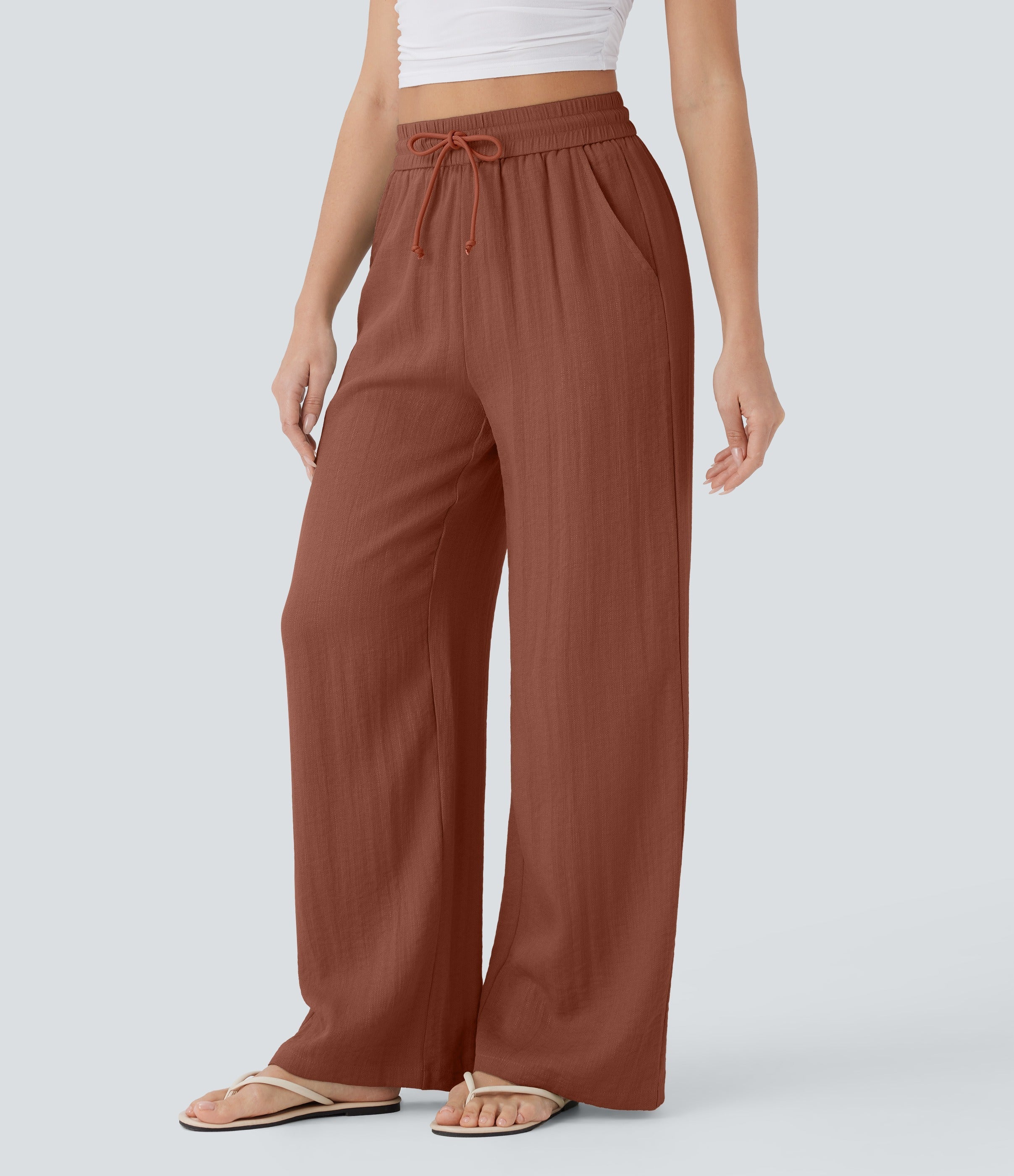 2026🔥 High Waisted Drawstring Pocket Wide Leg Casual Linen-Feel Pants