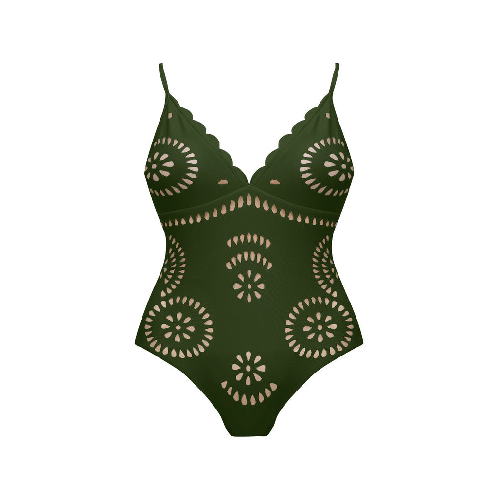 Green Scalloped Hollow Sexy One-Piece Swimsuit&Skirt