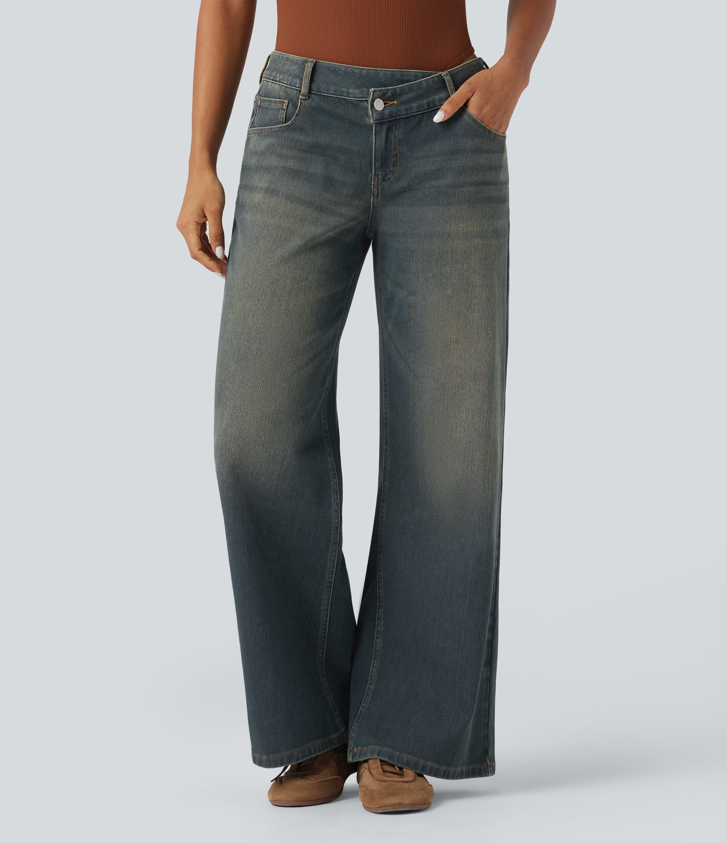 FlexTM Asymmetric Low Rise Zipper Pockets Baggy Wide Leg Washed Casual Jeans