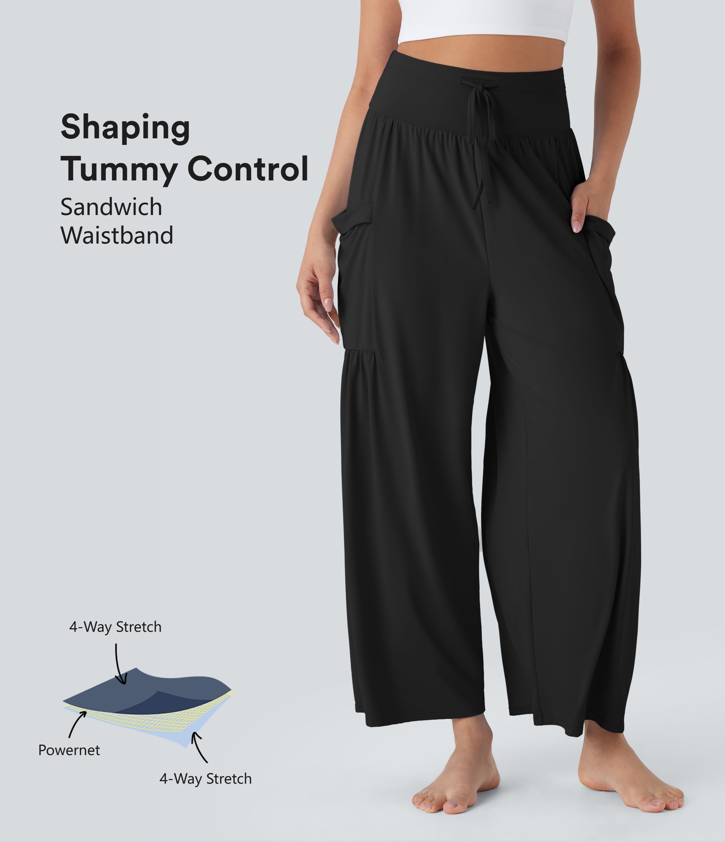 SoCinched High Waisted Tummy Control Drawstring Wide Leg Cool Touch Yoga Pants with Pockets-UPF50+