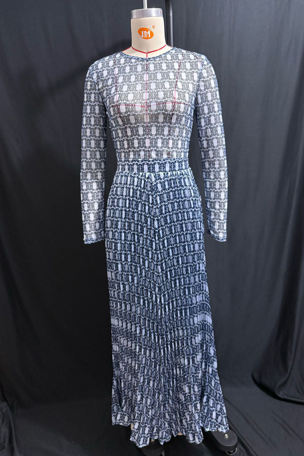 Round Neck All Over Print Long Sleeve Top Maxi Skirt 2pcs Set-Blue