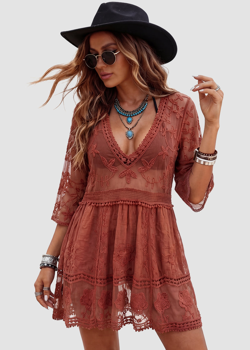 Contrast Lace Bathing Suit Cover Up V-Neck Swimsuit Coverups