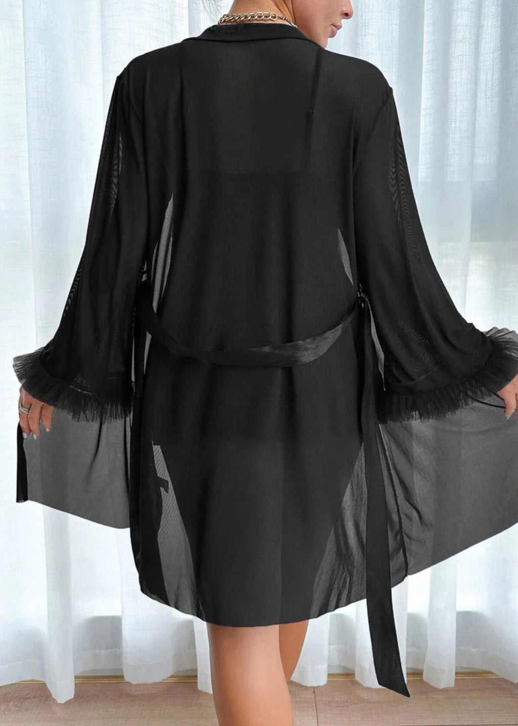 Lace Cami Nightgown & Floral Lace Trim Wide Sleeve Sheer Robe