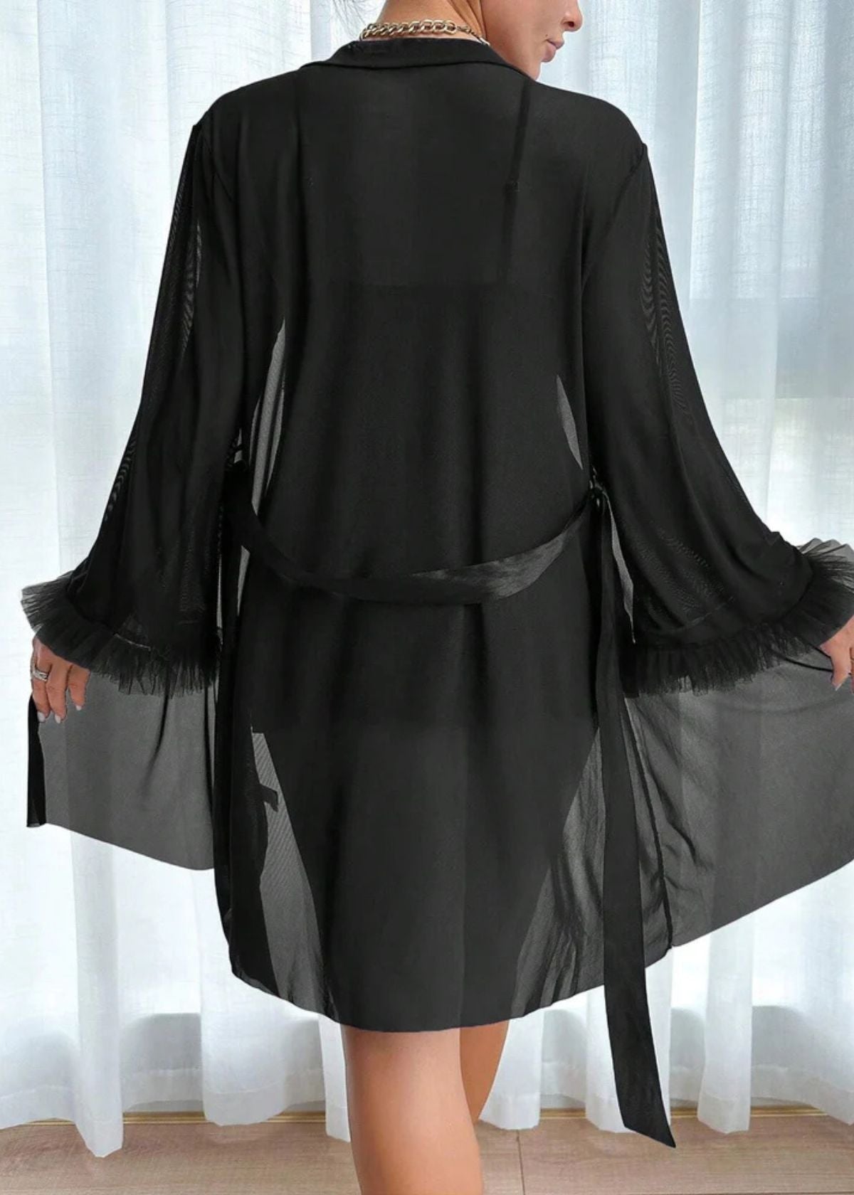Lace Cami Nightgown & Floral Lace Trim Wide Sleeve Sheer Robe