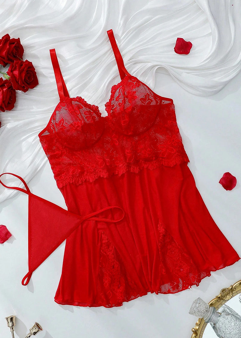 Sexy Plus Size Lace & Mesh Slit Slip Dress with G-String