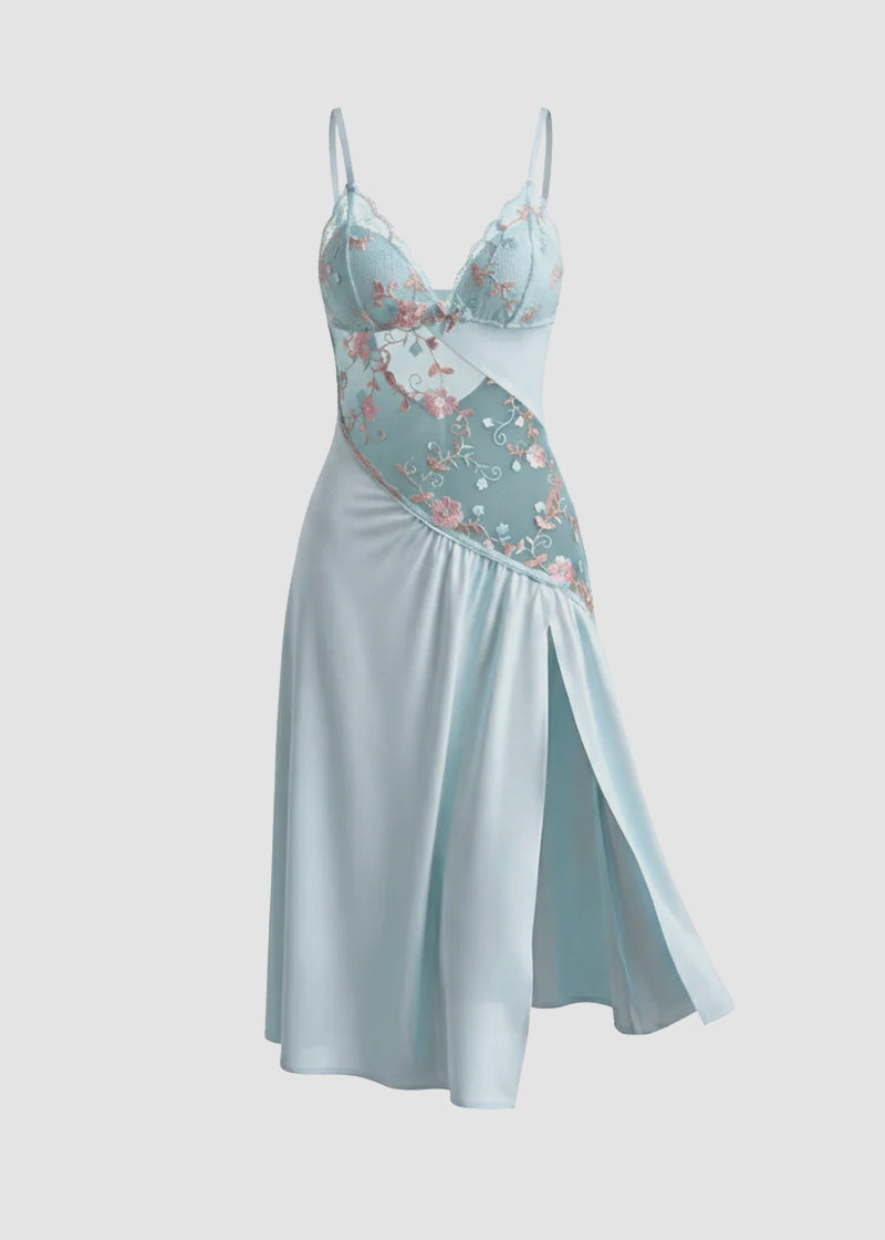 Sexy Sheer Mesh Nightgown – Floral Embroidery Babydoll
