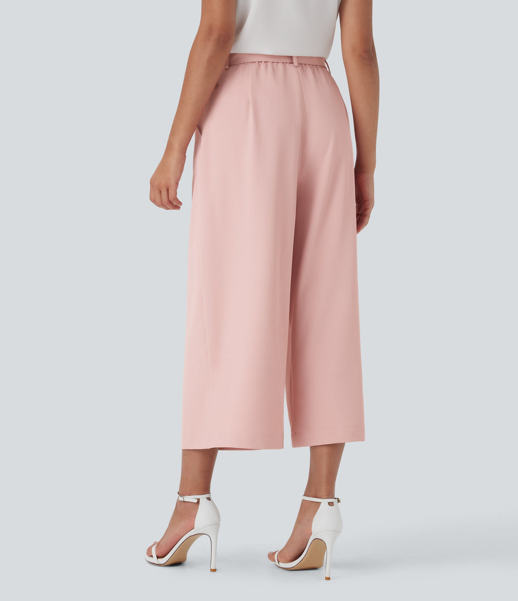 High Waisted Belted Wide Leg Cropped Work Pants with Pockets